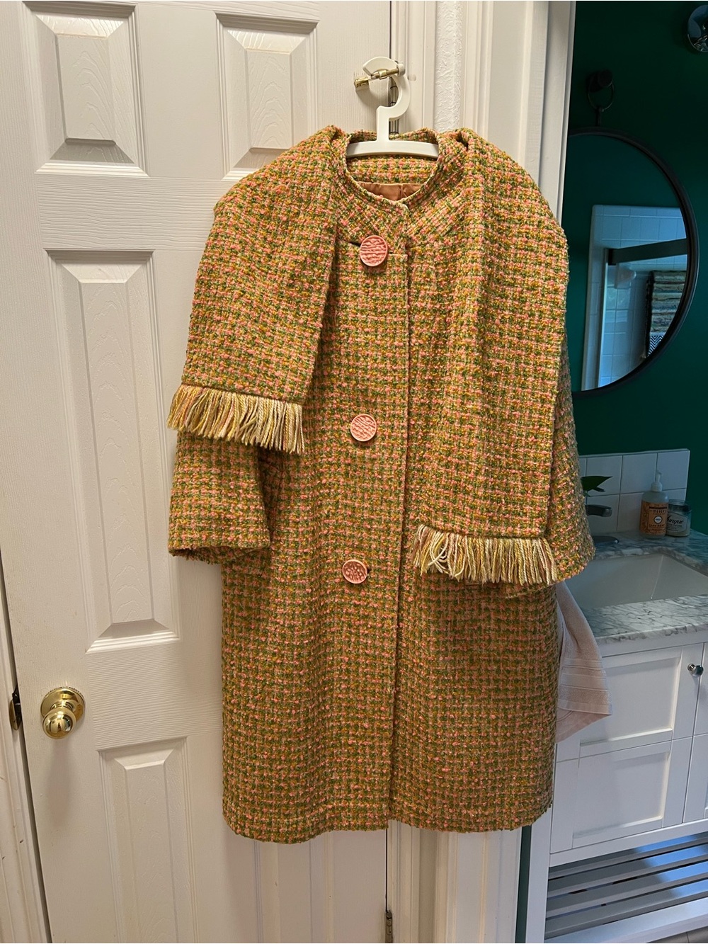 Vintage 1969’s  Fringe-Trim Tweed Coat in Mustard Green/Pink